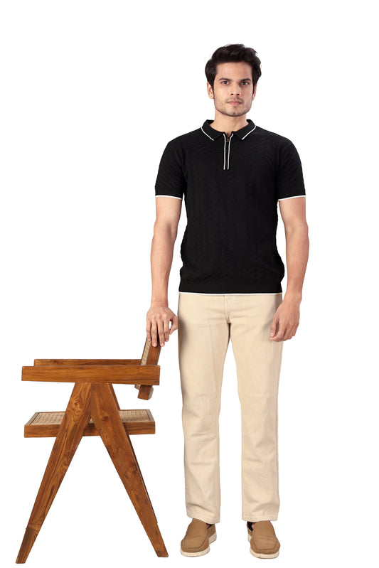 Tim Cooper Switzerland Black Textured Zip-Neck Polo T-Shirt with Contrast Trim