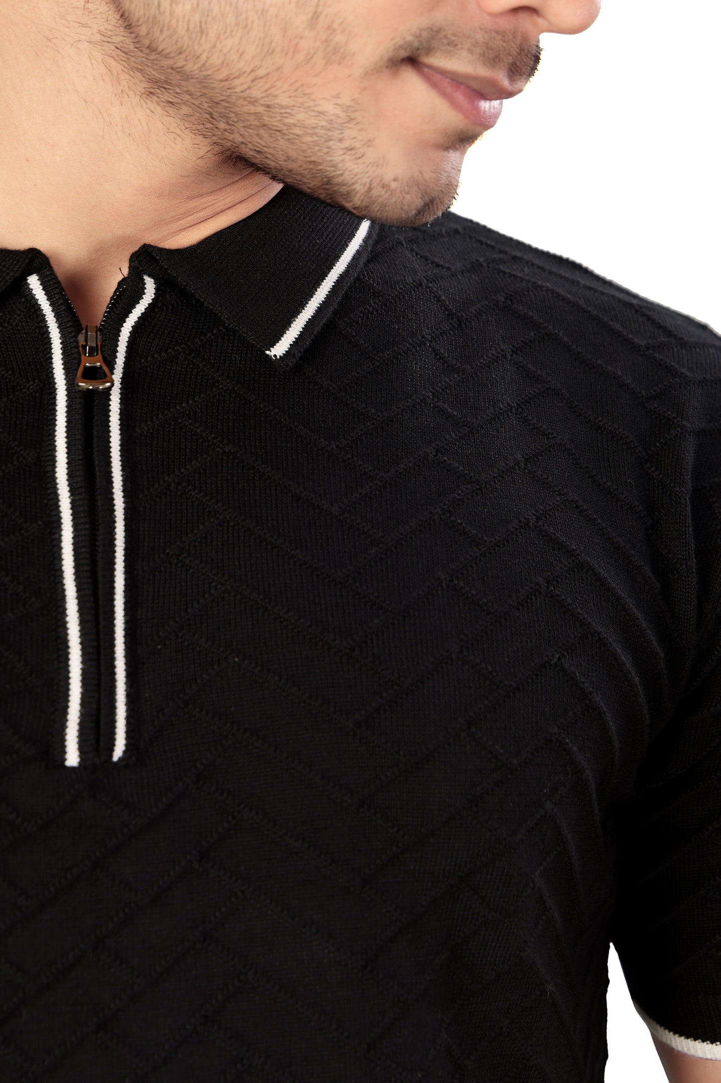 Tim Cooper Switzerland Black Textured Zip-Neck Polo T-Shirt with Contrast Trim