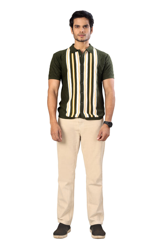 Tim Cooper Switzerland Men’s Olive Green Textured Knit Polo with Vertical Stripes