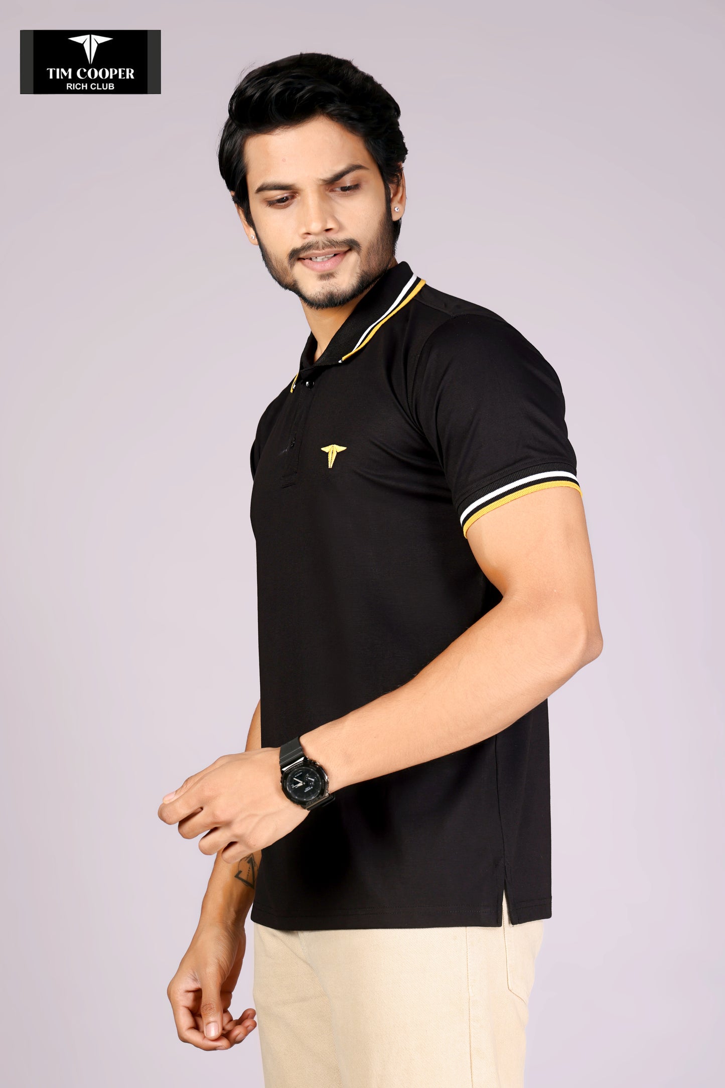 Tim Cooper Rich Club Men's Black with yellow and white tipping Polo T-Shirt