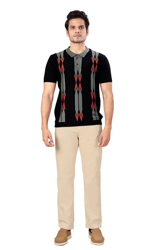 Tim Cooper Switzerland Men’s Black Knitted Polo T-Shirt with Red & Grey Geometric Pattern