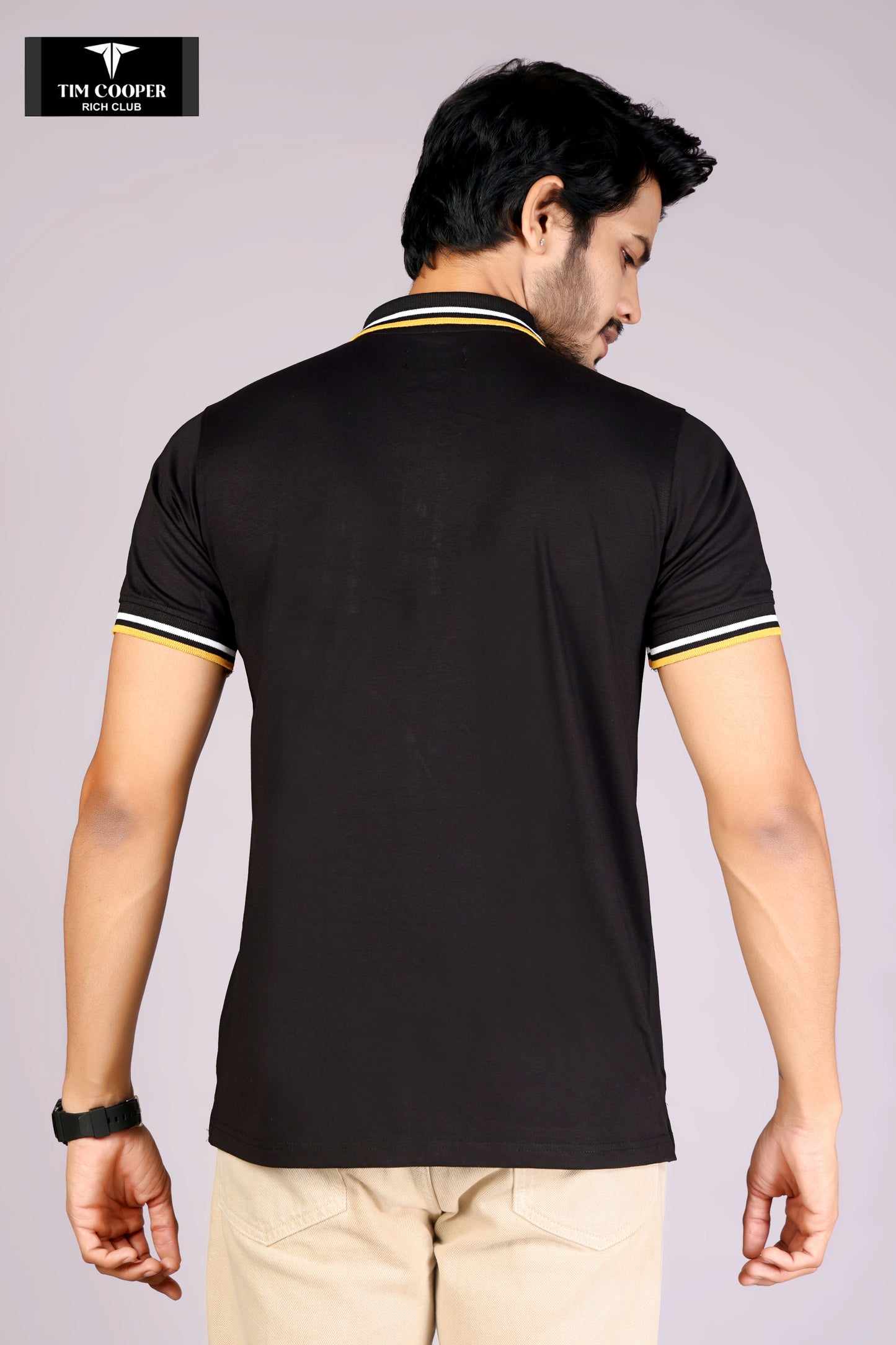 Tim Cooper Rich Club Men's Black with yellow and white tipping Polo T-Shirt