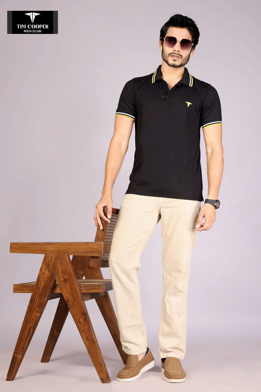 Tim Cooper Rich Club Men's Black with yellow and white tipping Polo T-Shirt