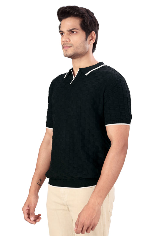 Tim Cooper Switzerland Men’s Black Textured Knit Polo T-Shirt with Contrast Trim