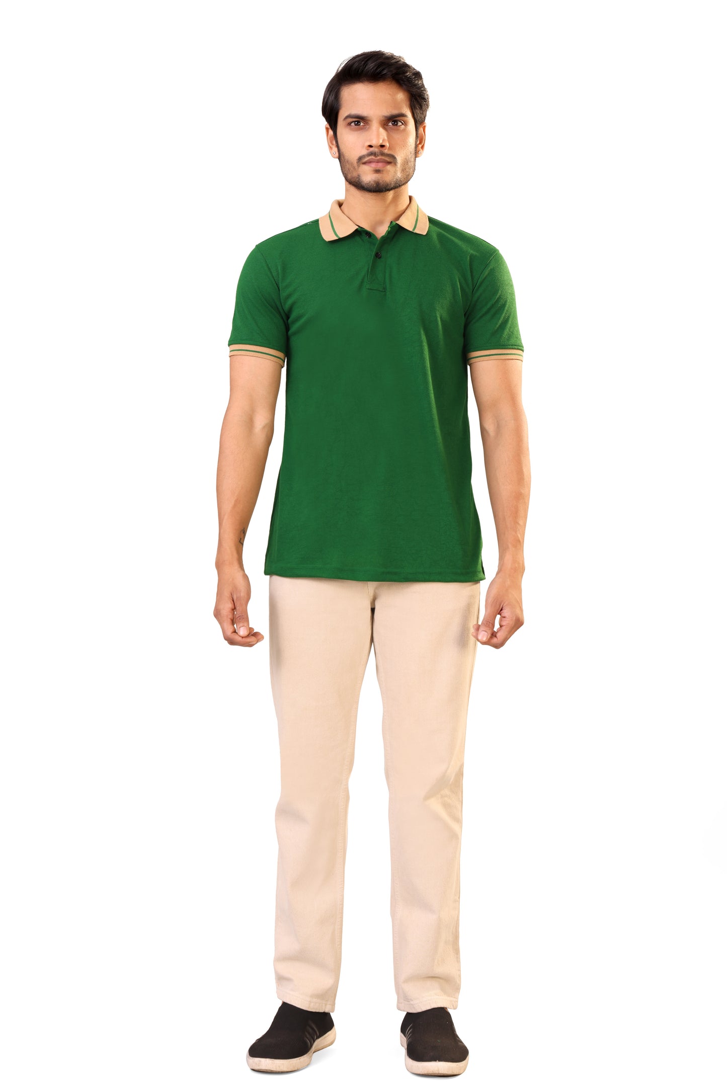 Tim Cooper Switzerland Classic Green Polo T-Shirt with Beige Collar Detail