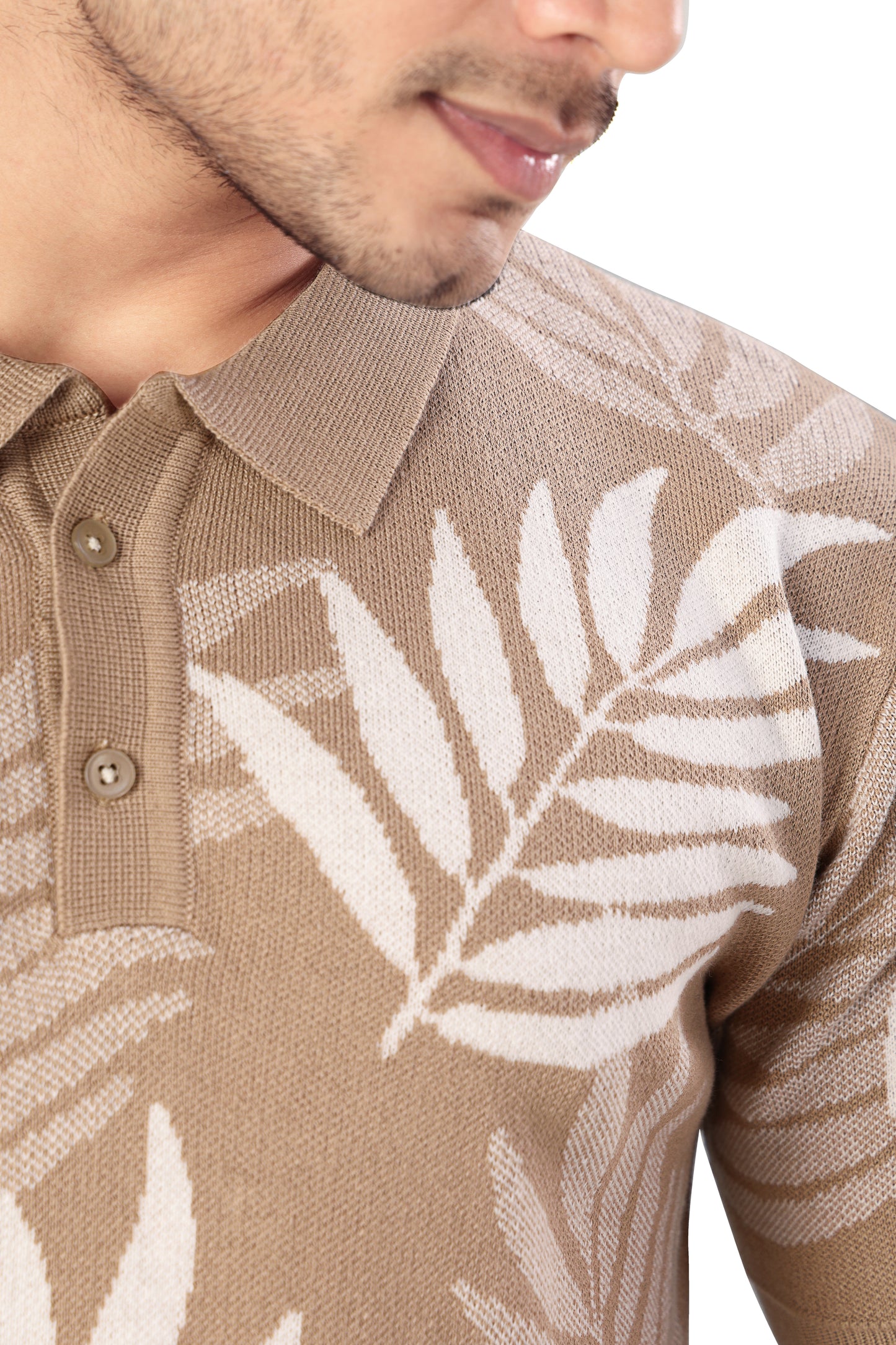 Tim Cooper Switzerland Men's Beige Leaf-Pattern Knitted Polo T-Shirt