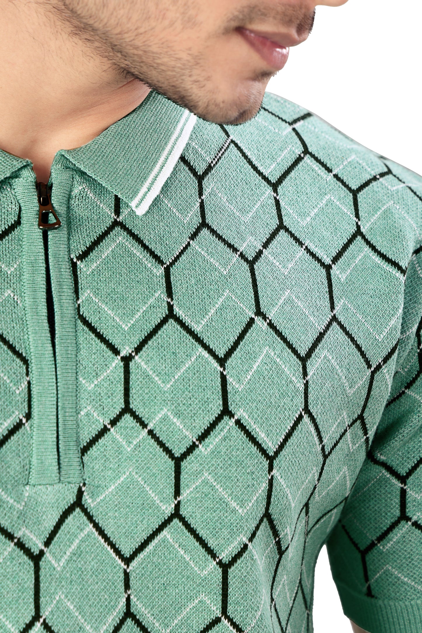 Tim Cooper Switzerland Men's Mint Green Geometric Knit Zip Polo T-Shirt