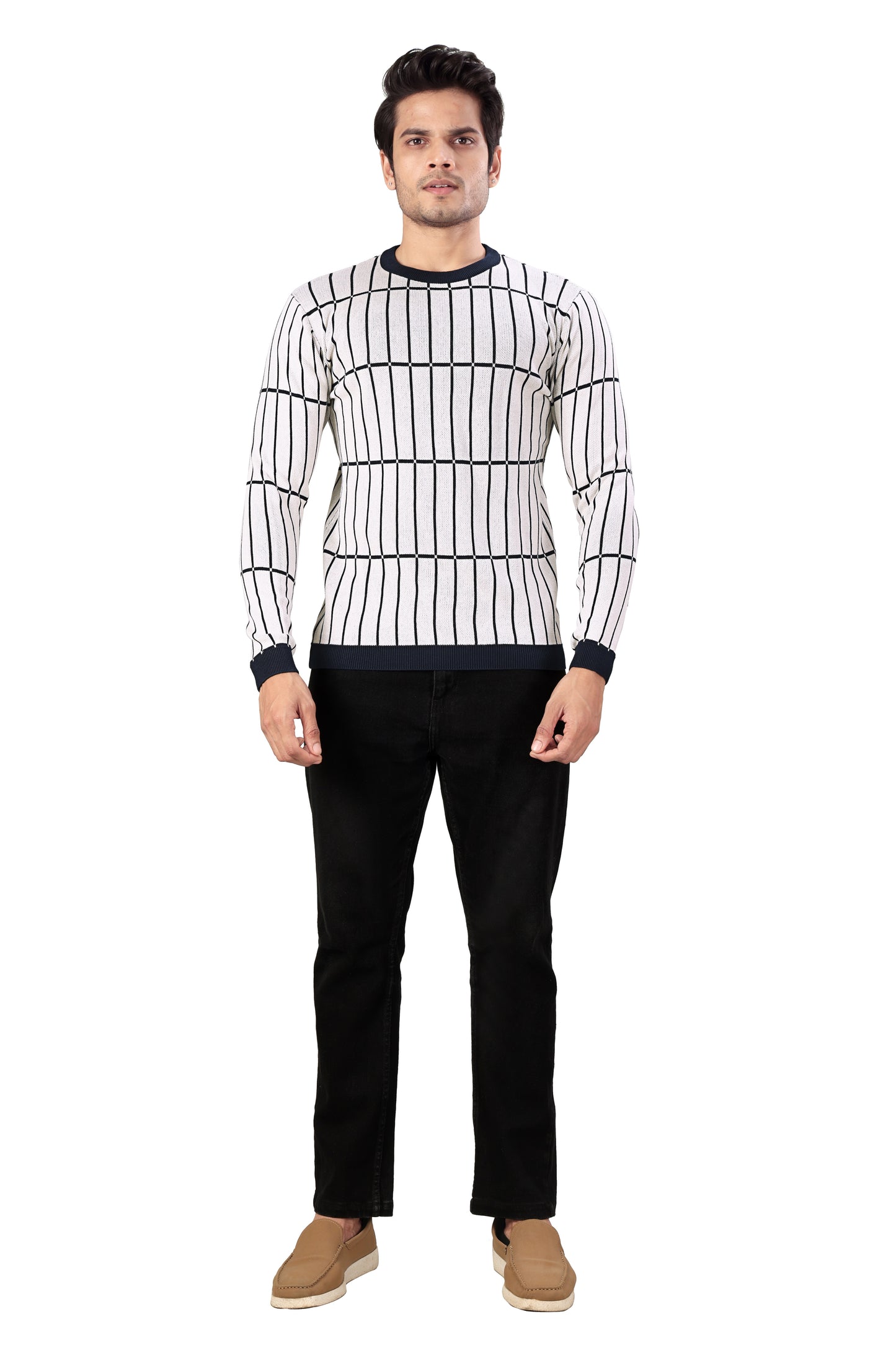 Tim Cooper Switzerland Men’s Cream Knit Sweater with Navy Grid Pattern