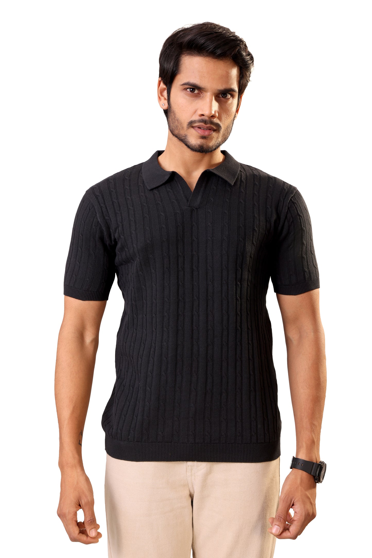 Tim Cooper Switzerland Classic Black Textured Knit Sweat T-Shirt for Men