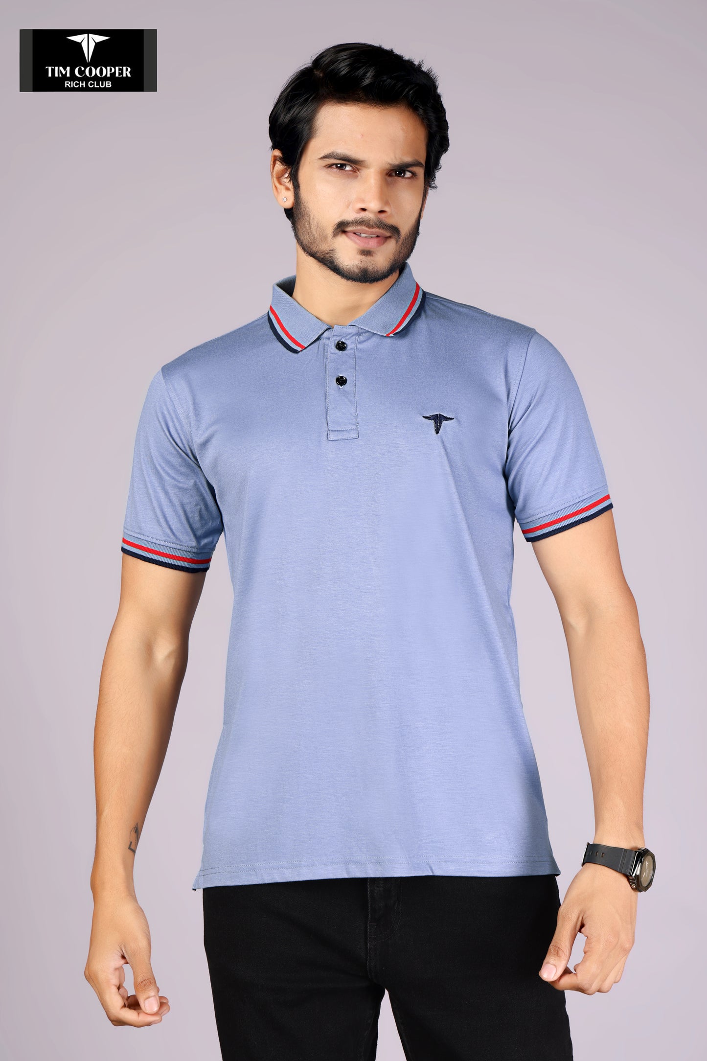 Tim Cooper Rich Club Men's Sky Blue with red and black tipping Polo T-Shirt