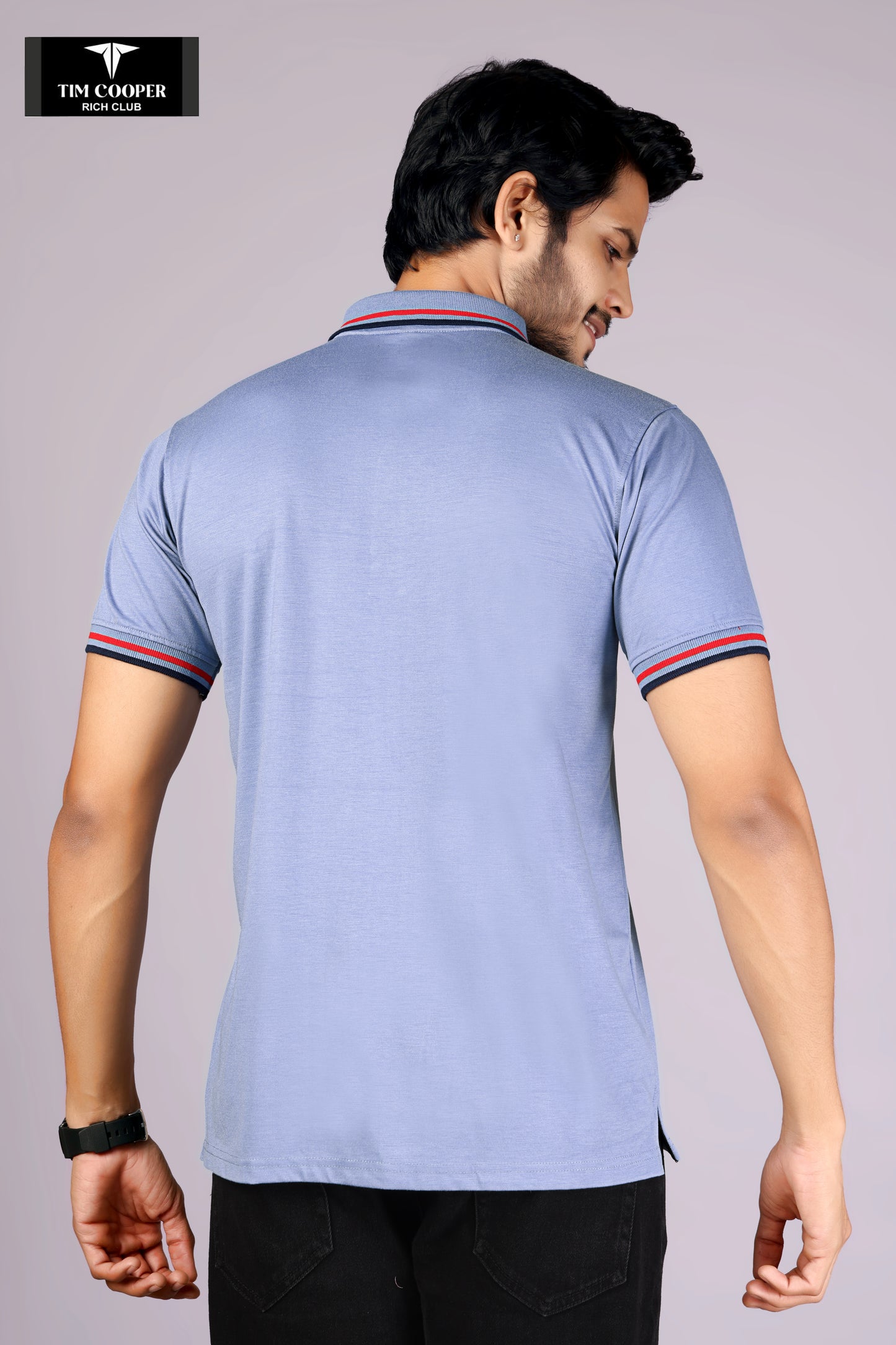 Tim Cooper Rich Club Men's Sky Blue with red and black tipping Polo T-Shirt