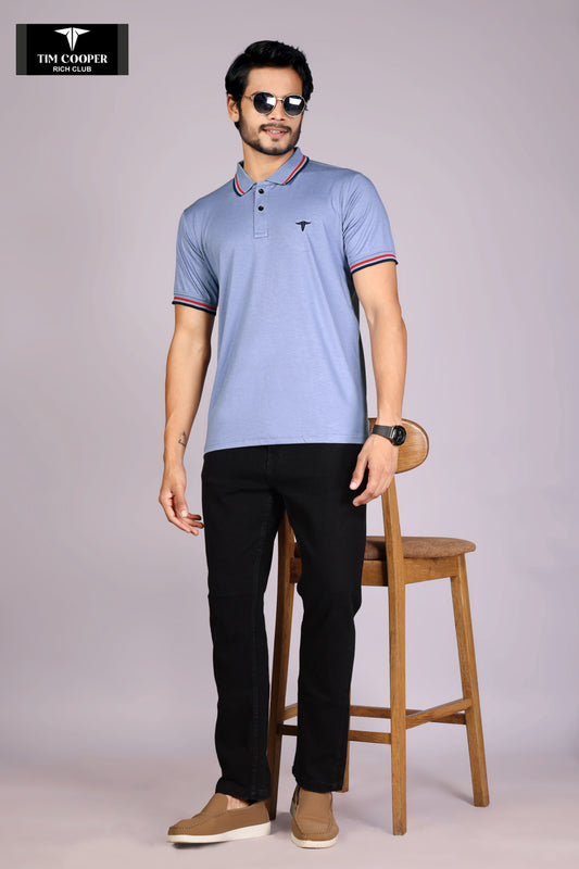 Tim Cooper Rich Club Men's Sky Blue with red and black tipping Polo T-Shirt