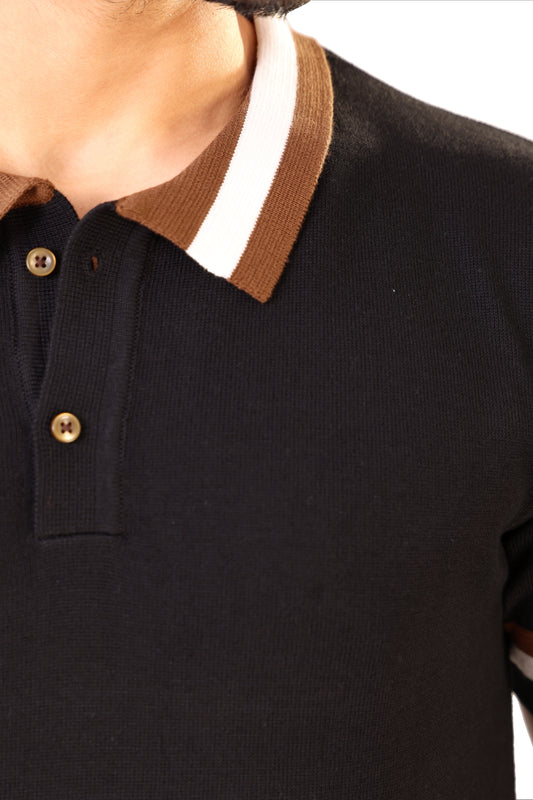 Tim Cooper Switzerland Men’s Black Sweat T-Shirt with Contrast Collar & Sleeve Stripes