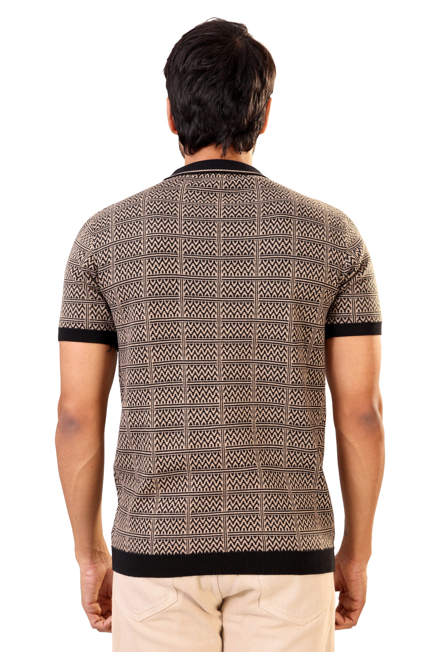 Tim Cooper Switzerland Men’s Beige & Black Geometric Knit Sweat T-Shirt