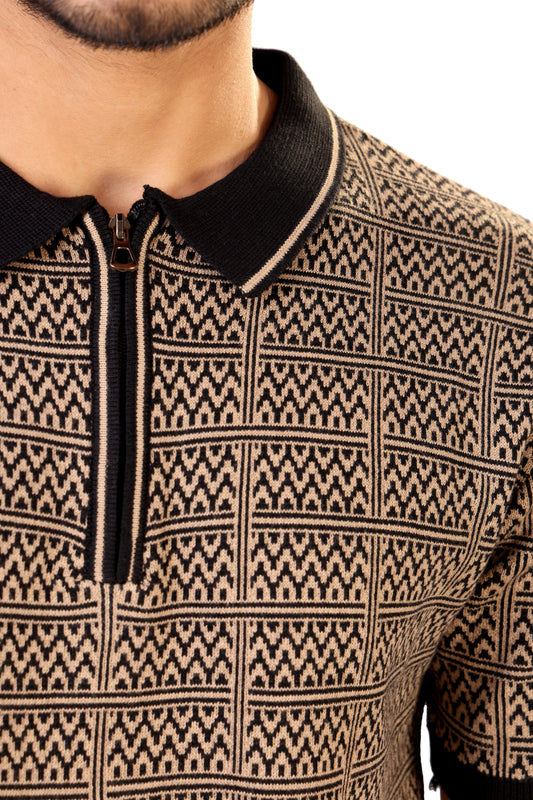 Tim Cooper Switzerland Men’s Beige & Black Geometric Knit Sweat T-Shirt