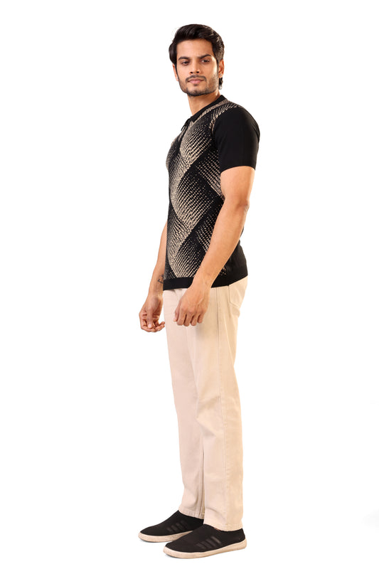 Tim Cooper Switzerland Men’s Black Textured Knit Sweat with Beige Geometric Pattern