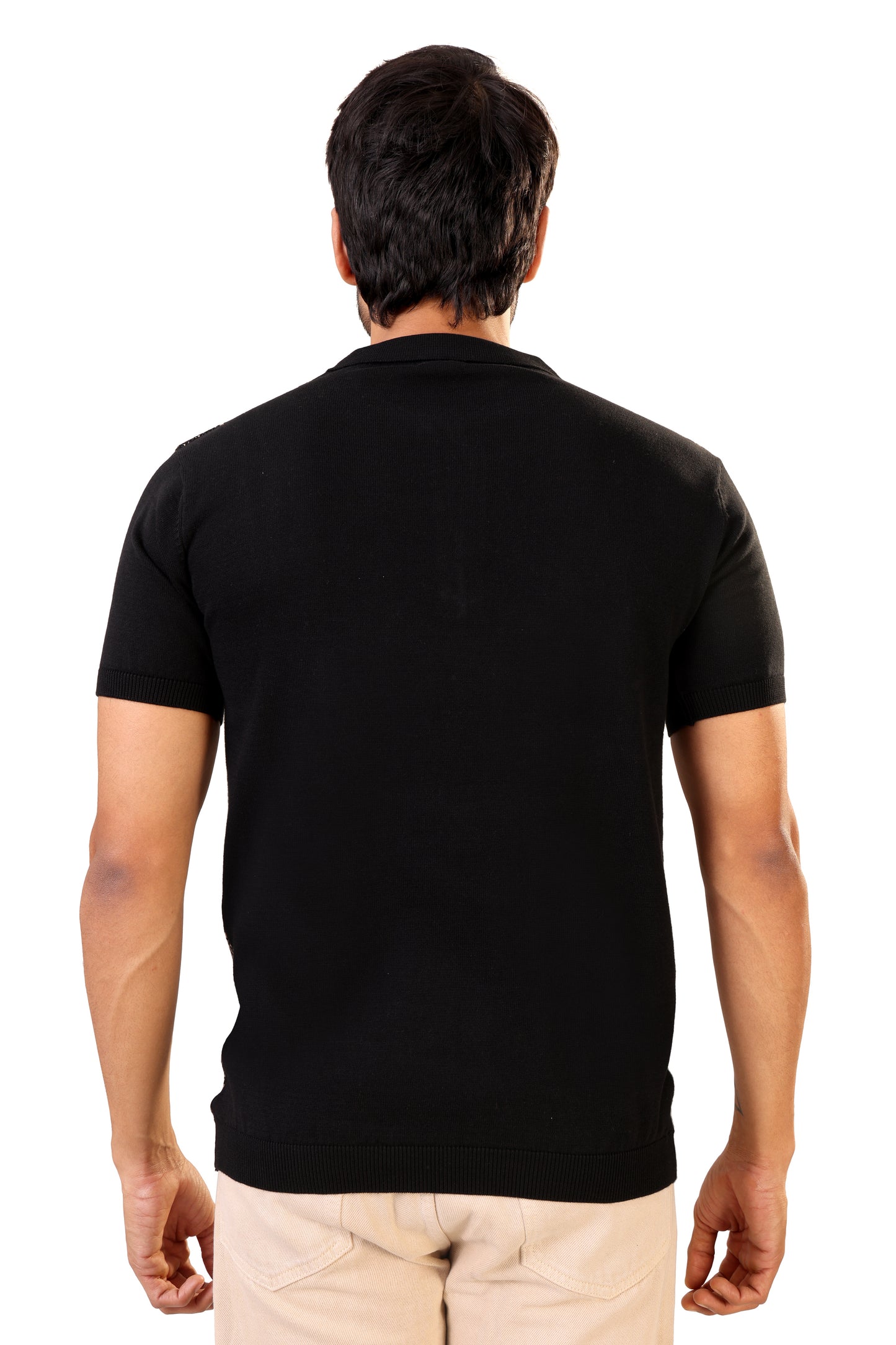 Tim Cooper Switzerland Men’s Black Textured Knit Sweat with Beige Geometric Pattern