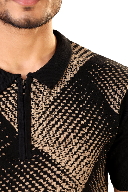 Tim Cooper Switzerland Men’s Black Textured Knit Sweat with Beige Geometric Pattern