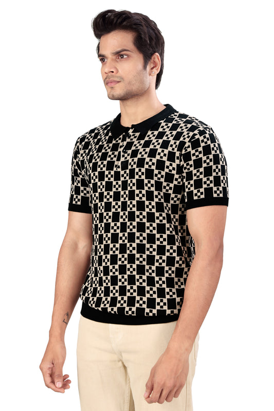 Tim Cooper Switzerland Men’s Black & Beige Geometric Knit Polo T-Shirt