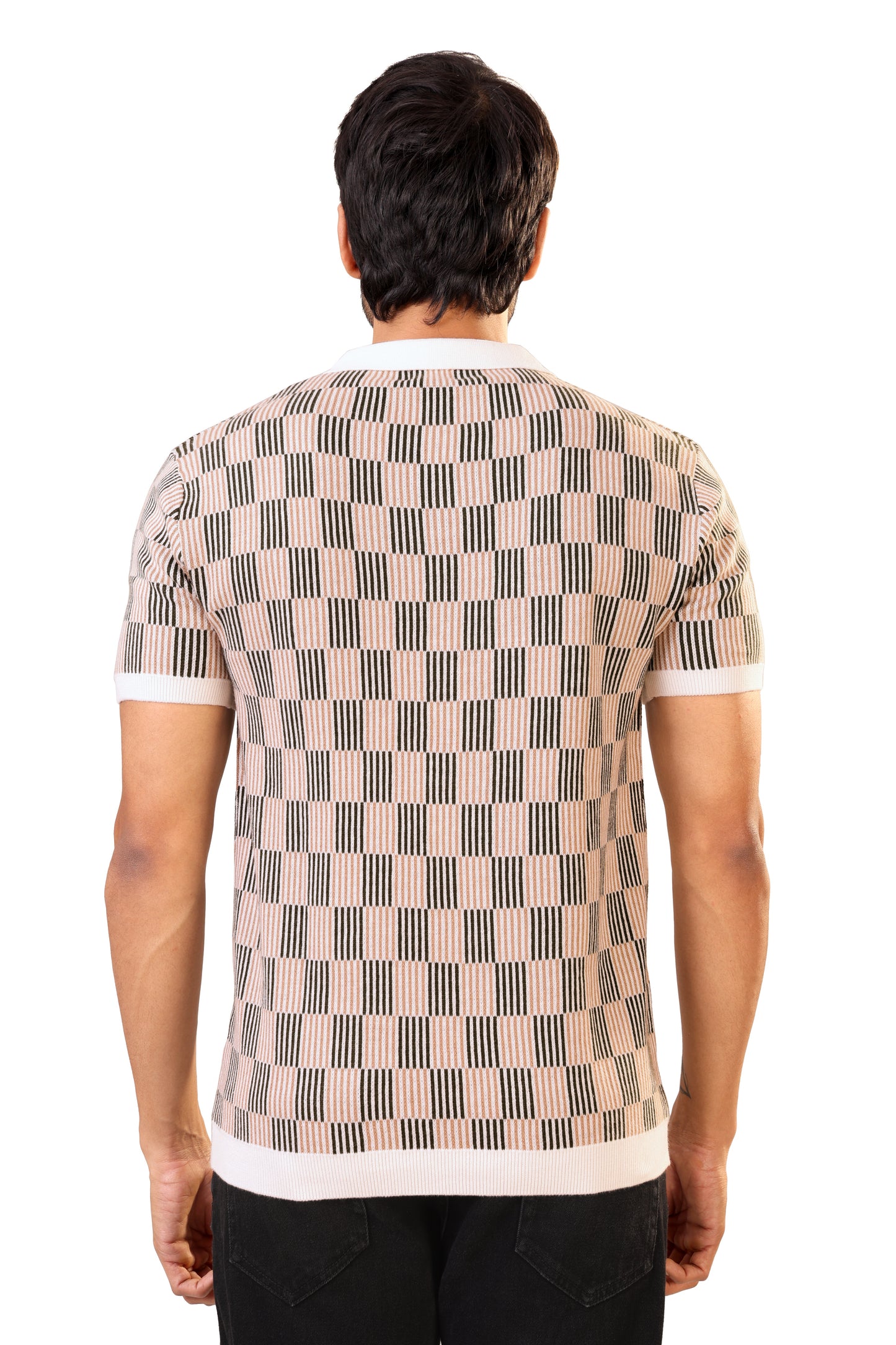 Tim Cooper Switzerland Men’s Textured Knit Sweat T-Shirt – Beige & Black Check Pattern