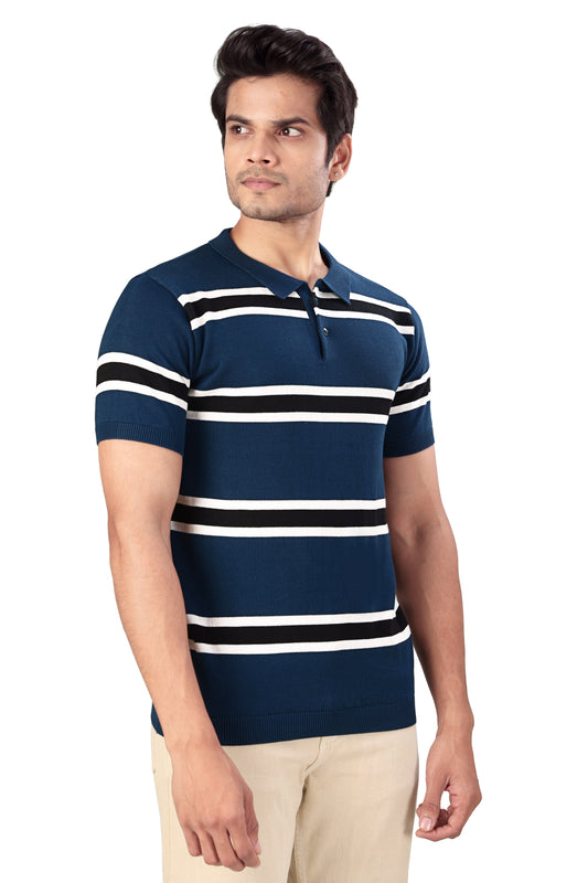 Tim Cooper Switzerland Men’s Blue Striped Knit Polo T-Shirt