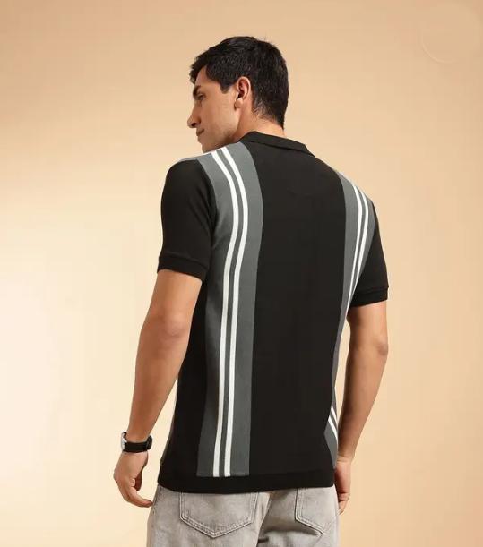 Tim Cooper Switzerland Black Vertical Stripe Knit Sweat T-Shirt