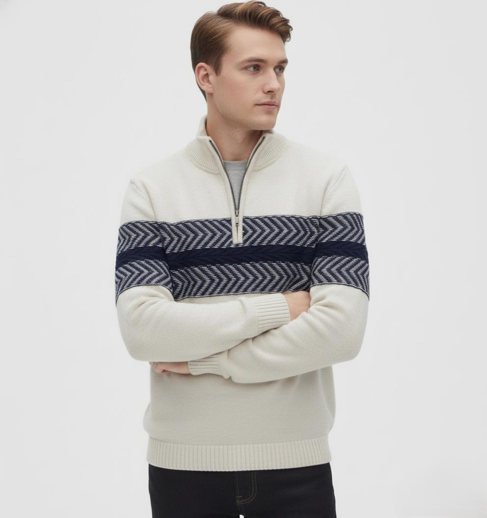 Tim Cooper Switzerland White Half-Zip Sweater with Navy Chevron Pattern