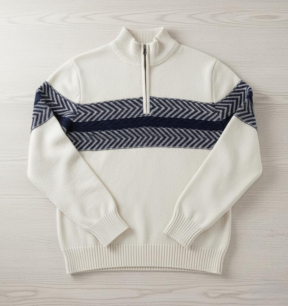 Tim Cooper Switzerland White Half-Zip Sweater with Navy Chevron Pattern