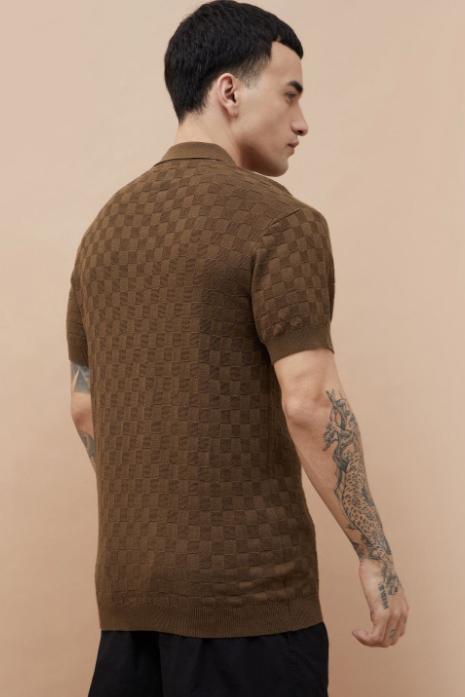 Tim Cooper Switzerland Brown Checkered Knit Sweat T-Shirt