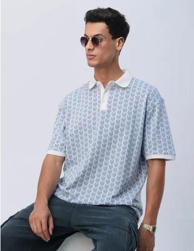 Tim Cooper Switzerland Light Blue Patterned Sweat T-Shirt with White Collar