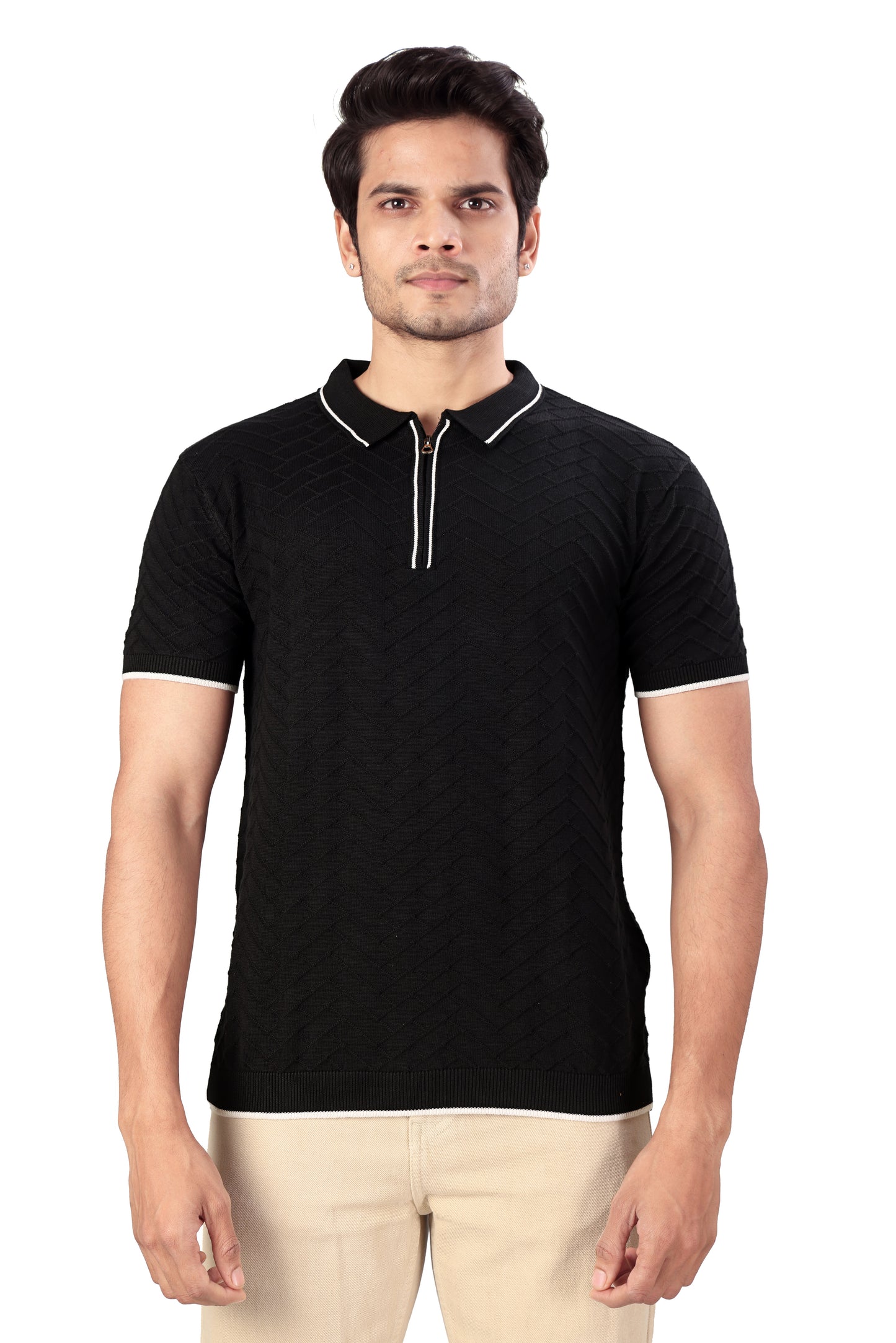 Tim Cooper Switzerland Black Textured Zip-Neck Polo T-Shirt with Contrast Trim