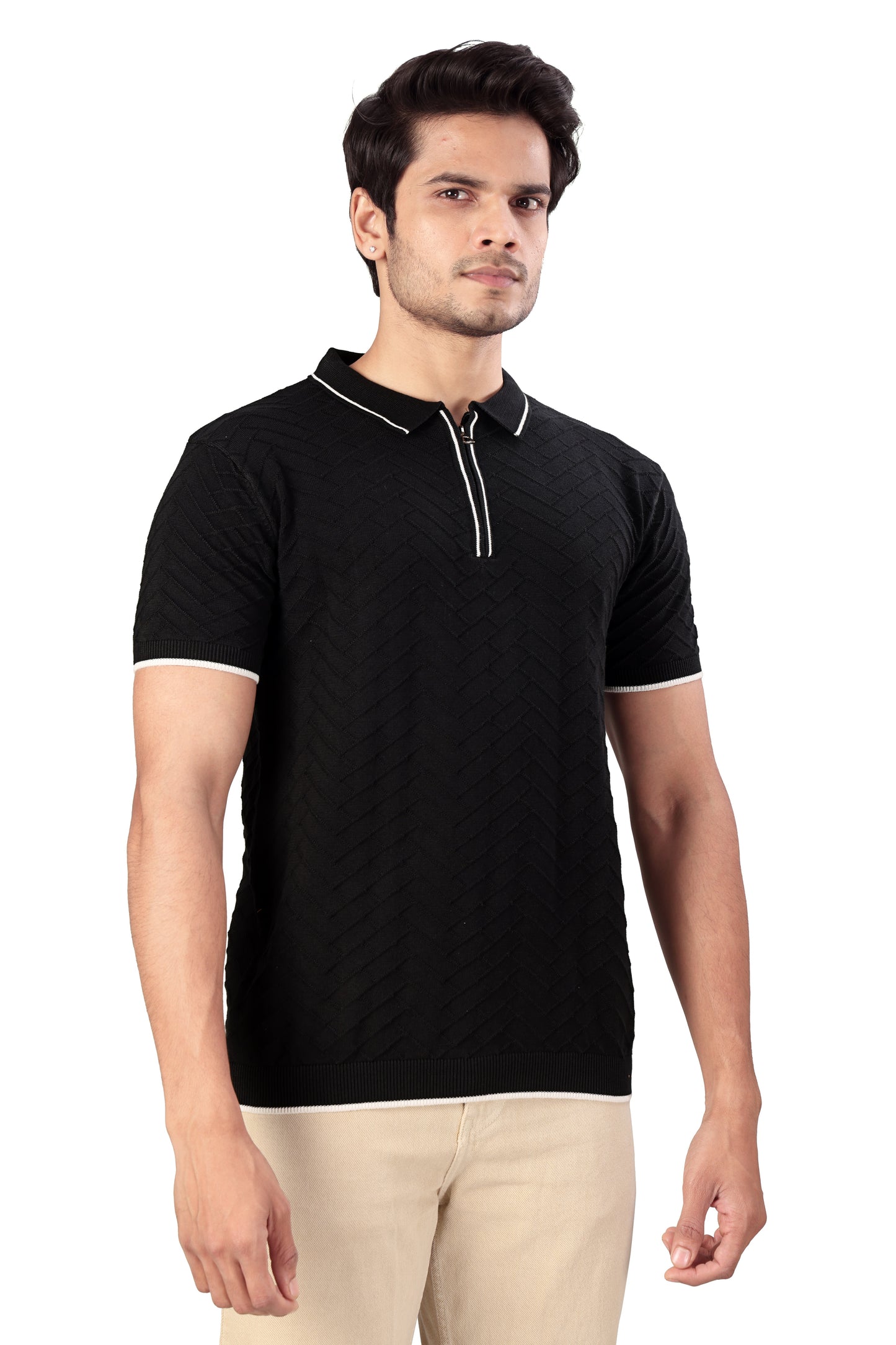 Tim Cooper Switzerland Black Textured Zip-Neck Polo T-Shirt with Contrast Trim