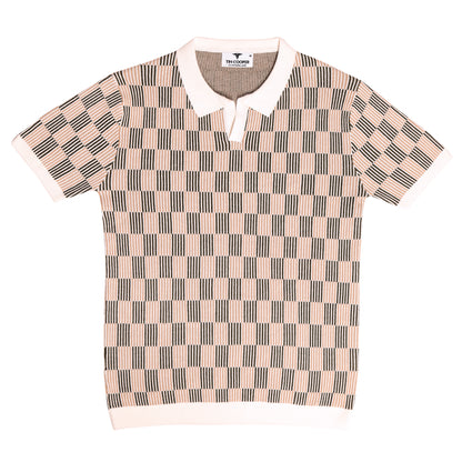 Tim Cooper Switzerland Men’s Textured Knit Sweat T-Shirt – Beige & Black Check Pattern