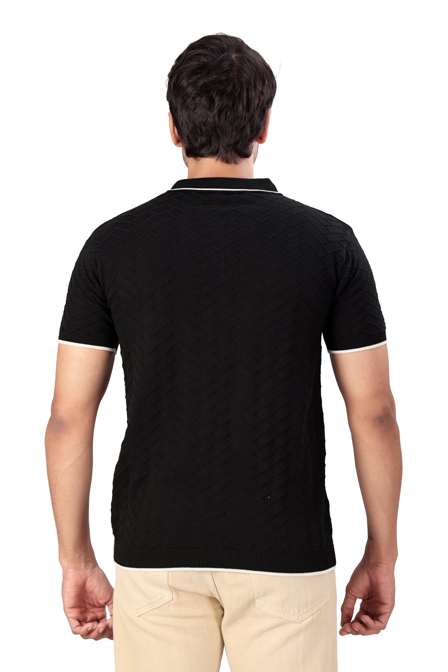 Tim Cooper Switzerland Black Textured Zip-Neck Polo T-Shirt with Contrast Trim