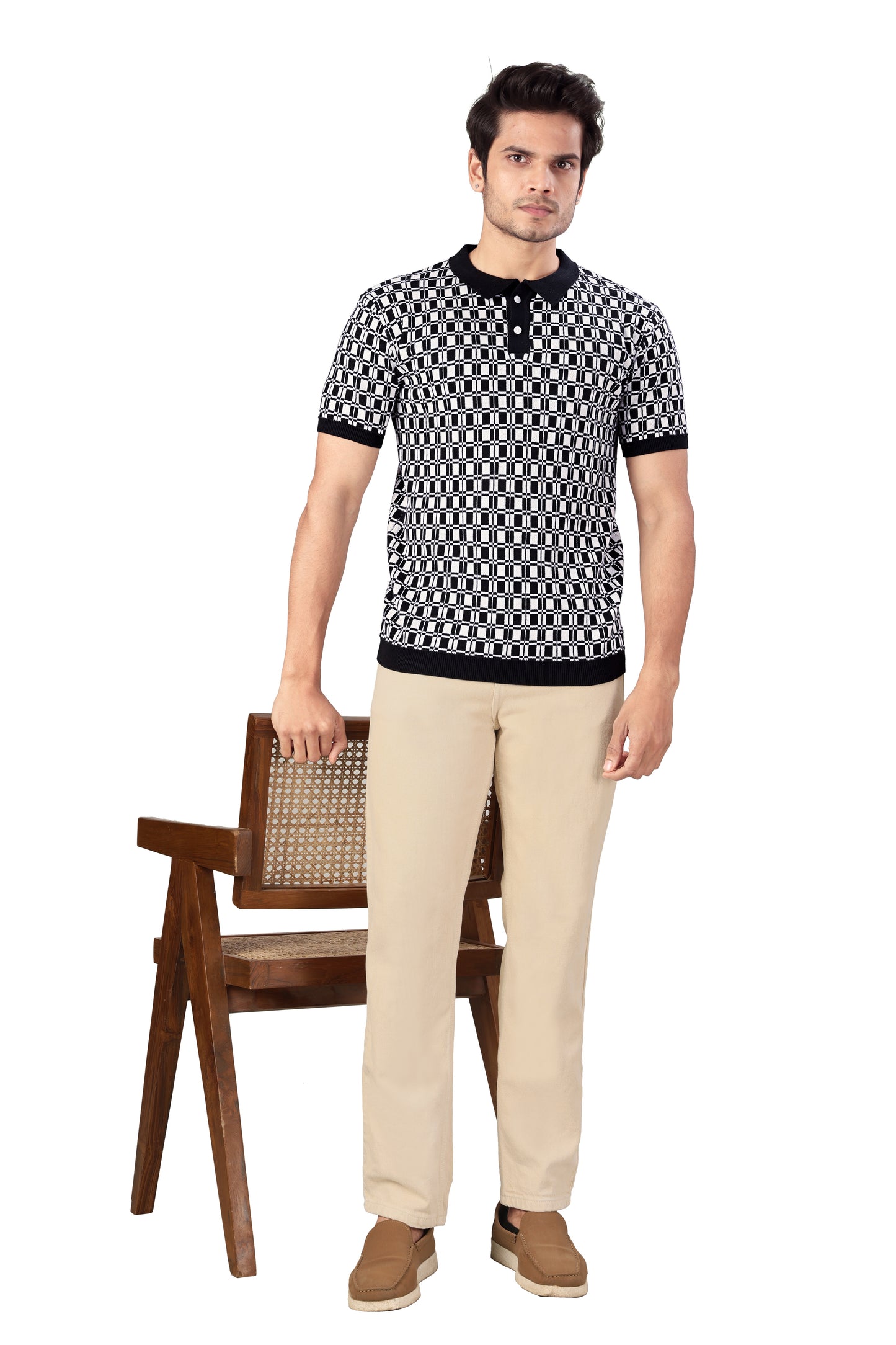 Tim Cooper Switzerland Black-and-White Checkered Polo T-Shirt Portrait