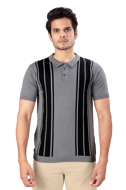 Tim Cooper Switzerland Men’s Grey Vertical Stripe Knit Polo T-Shirt