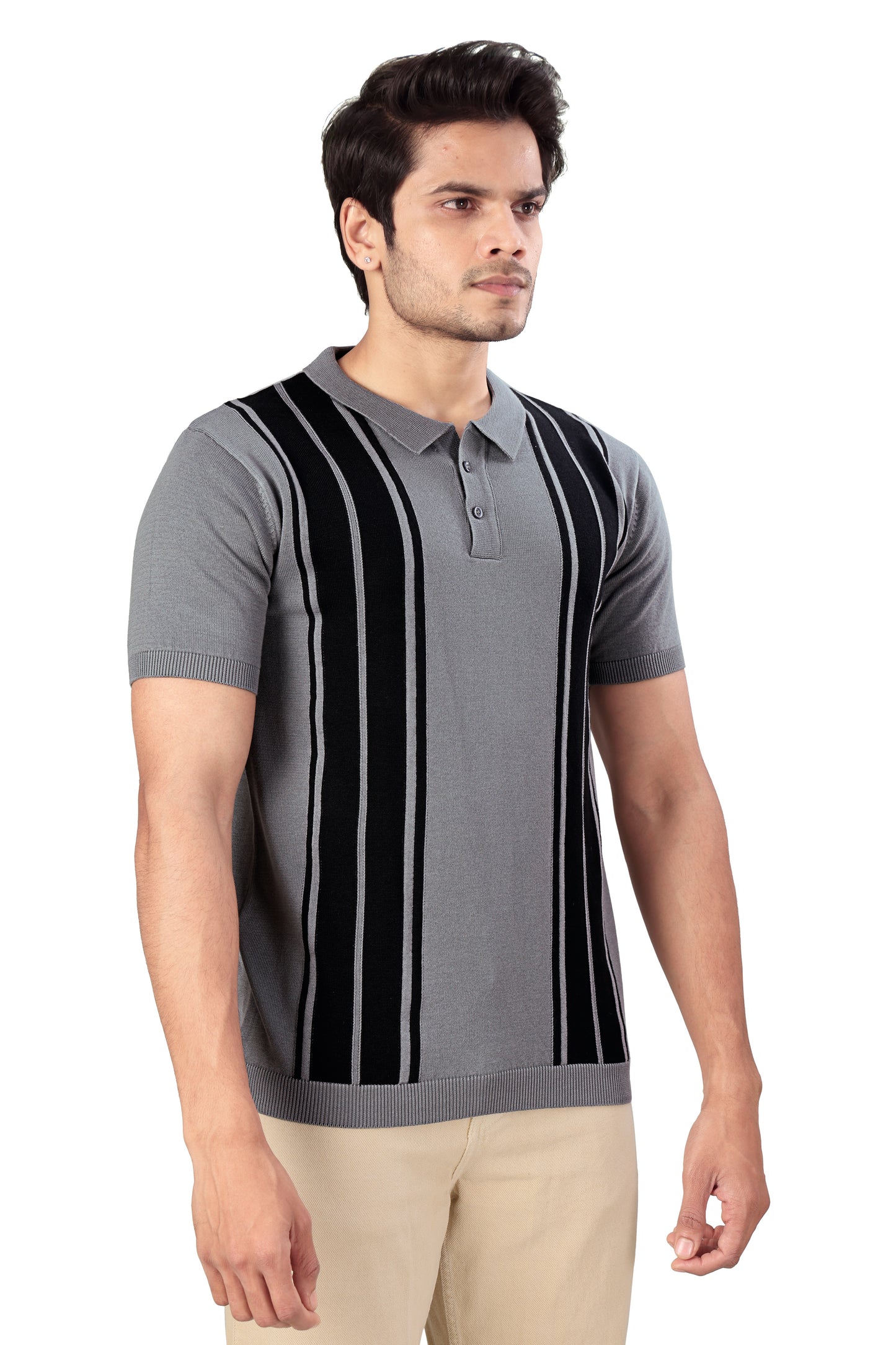 Tim Cooper Switzerland Men’s Grey Vertical Stripe Knit Polo T-Shirt
