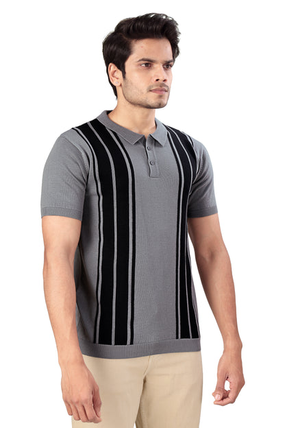 Tim Cooper Switzerland Men’s Grey Vertical Stripe Knit Polo T-Shirt