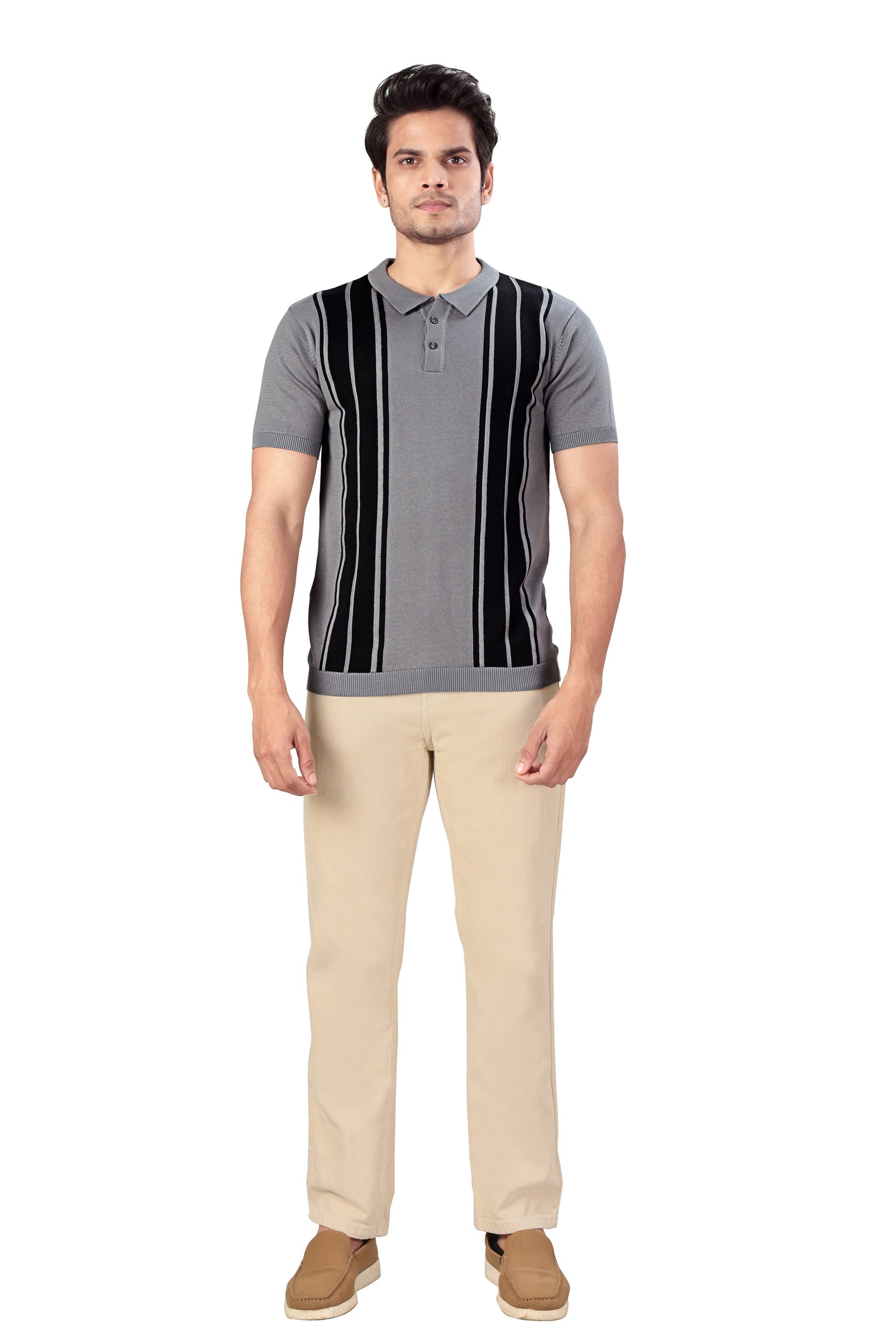 Tim Cooper Switzerland Men’s Grey Vertical Stripe Knit Polo T-Shirt