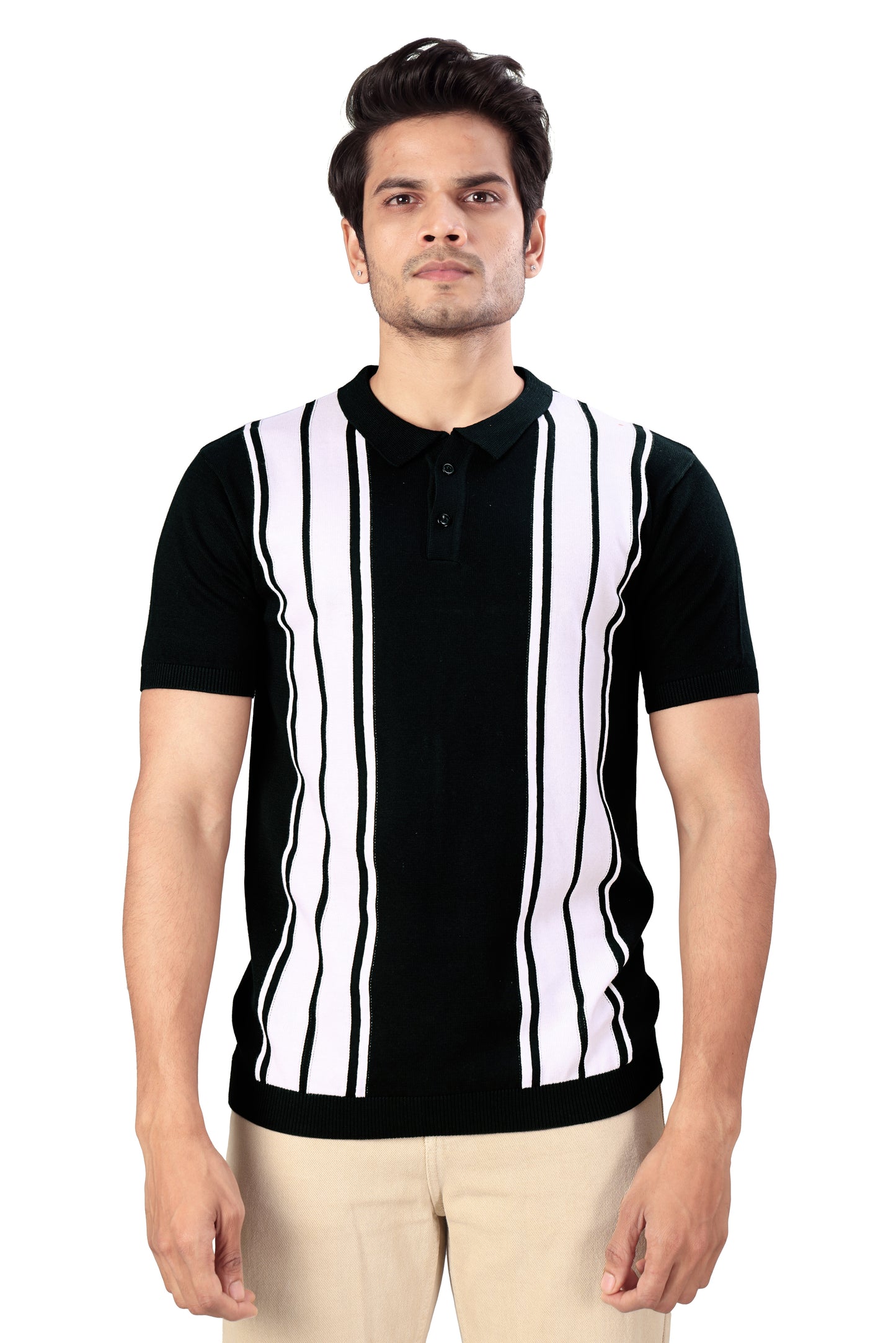 Tim Cooper Switzerland Men’s Black & White Vertical Stripe Knit Polo T-Shirt