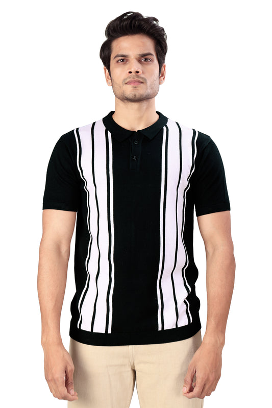 Tim Cooper Switzerland Men’s Black & White Vertical Stripe Knit Polo T-Shirt