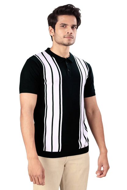 Tim Cooper Switzerland Men’s Black & White Vertical Stripe Knit Polo T-Shirt