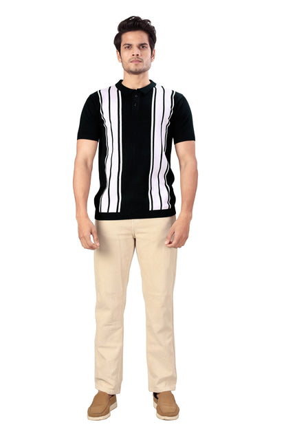 Tim Cooper Switzerland Men’s Black & White Vertical Stripe Knit Polo T-Shirt