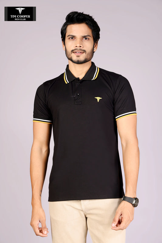 Tim Cooper Rich Club Men's Black with yellow and white tipping Polo T-Shirt