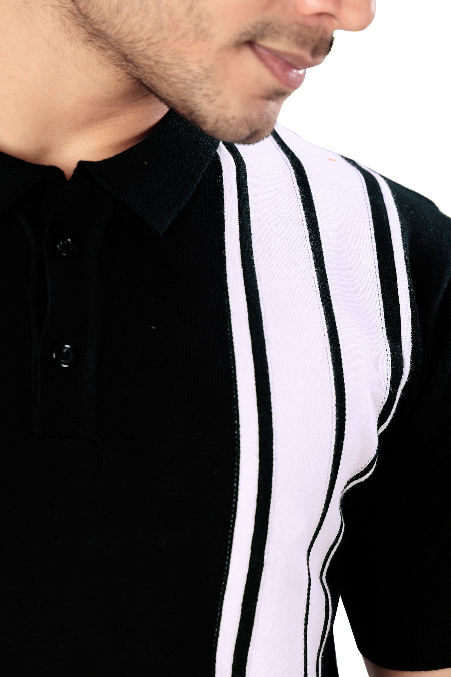 Tim Cooper Switzerland Men’s Black & White Vertical Stripe Knit Polo T-Shirt