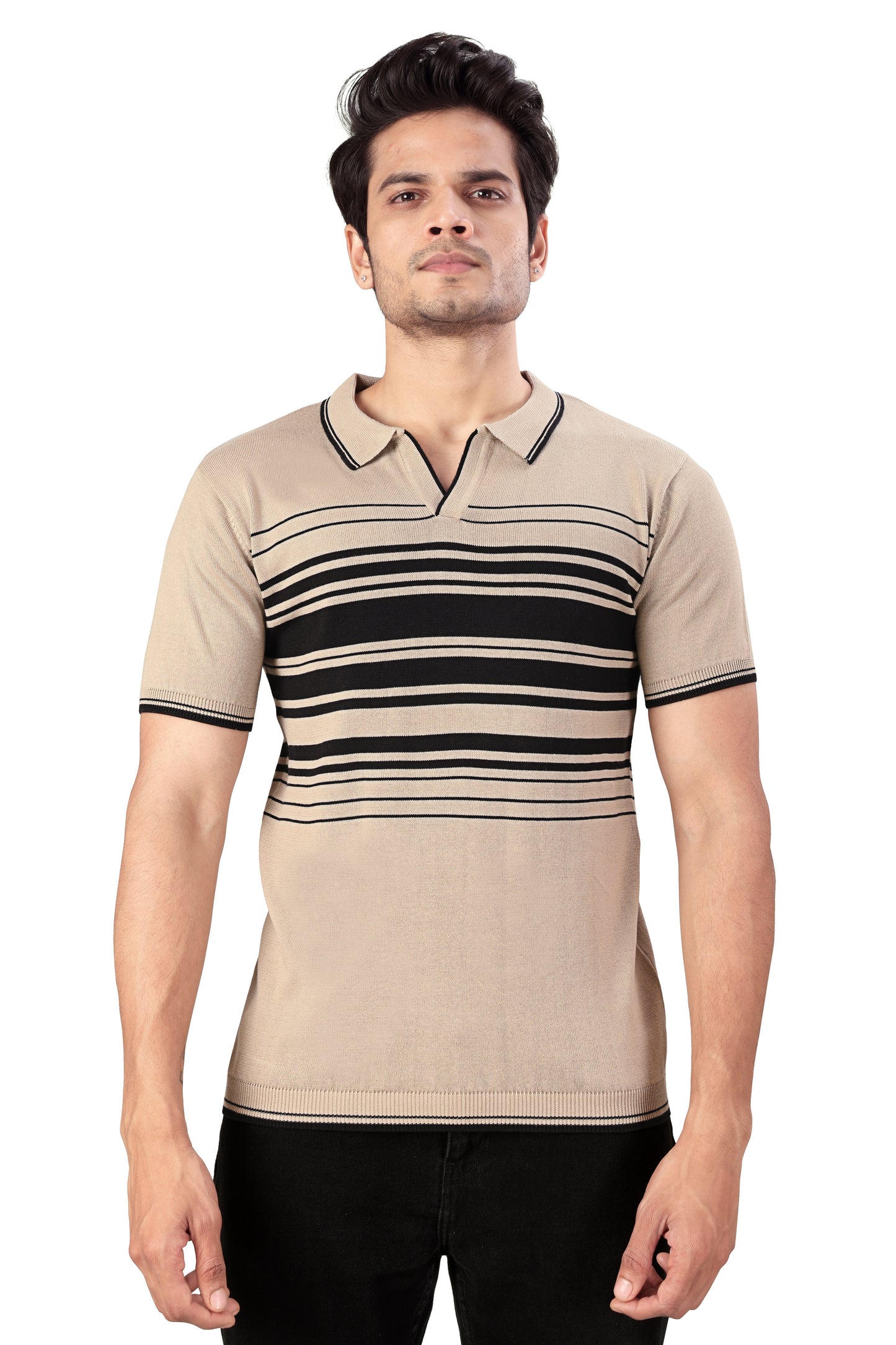 Tim Cooper Switzerland Men’s Beige & Black Striped Knit Polo T-Shirt