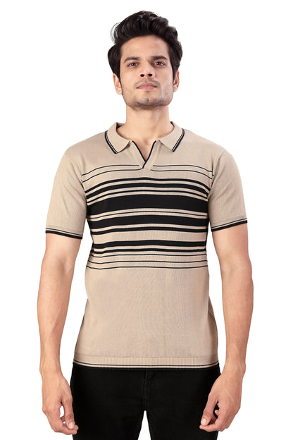 Tim Cooper Switzerland Men’s Beige & Black Striped Knit Polo T-Shirt