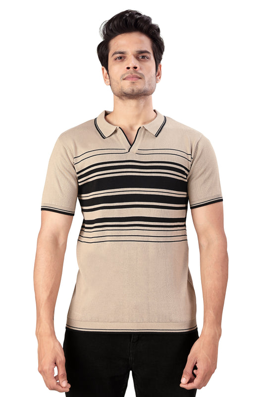 Tim Cooper Switzerland Men’s Beige & Black Striped Knit Polo T-Shirt