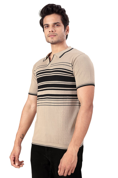 Tim Cooper Switzerland Men’s Beige & Black Striped Knit Polo T-Shirt
