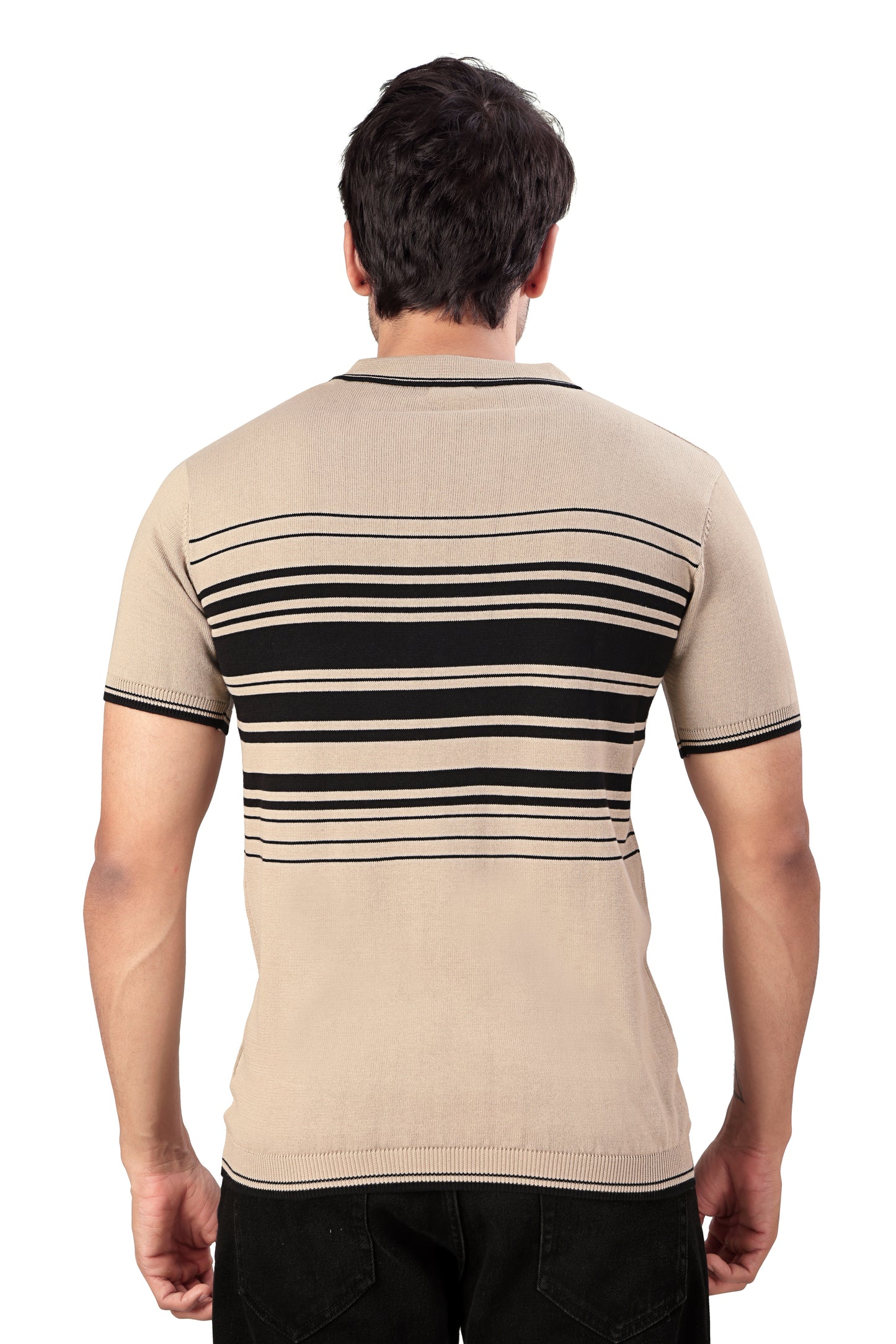 Tim Cooper Switzerland Men’s Beige & Black Striped Knit Polo T-Shirt